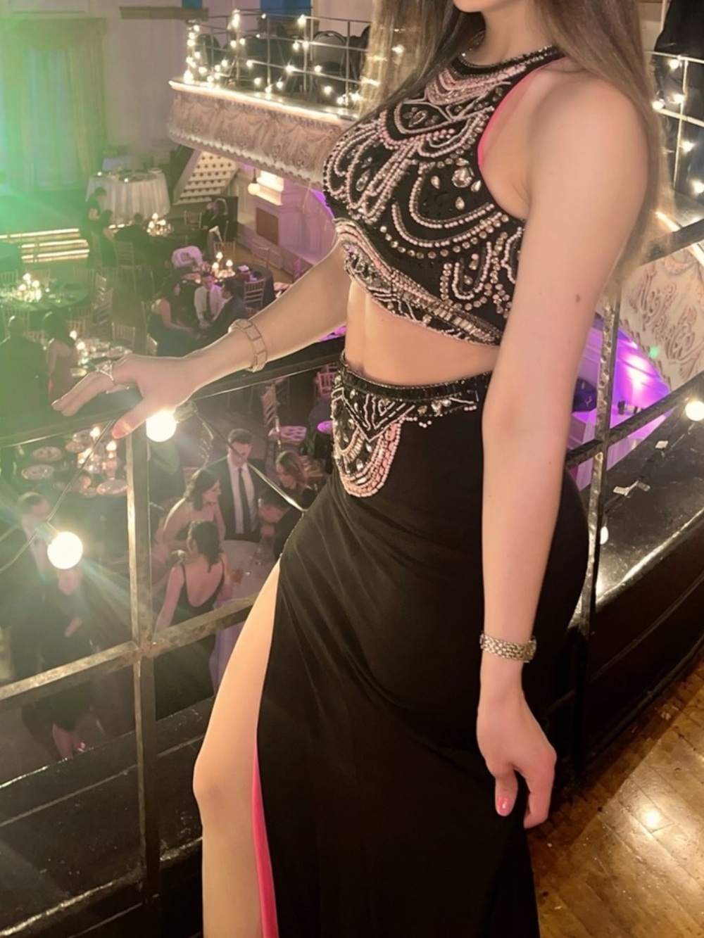 Embellished Two-Piece Prom Dress in Black with Pink Accents